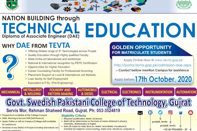 Online DAE Admission Started for 2020-2021 Govt Swedish College Gujrat
