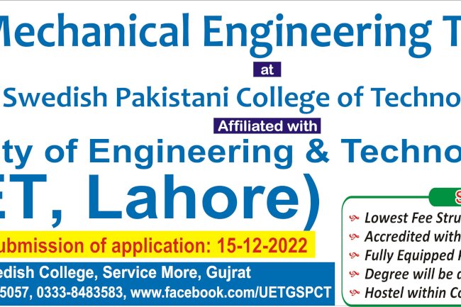 Admission B.SC MECHANICAL ENGINEERING TECHNOLOGY Affiliated With UET LAHORE AT GSPCT GUJRAT CAMPUS
