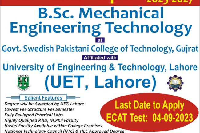 Admission B.SC MECHANICAL ENGINEERING TECHNOLOGY Affiliated With UET LAHORE AT GSPCT GUJRAT CAMPUS