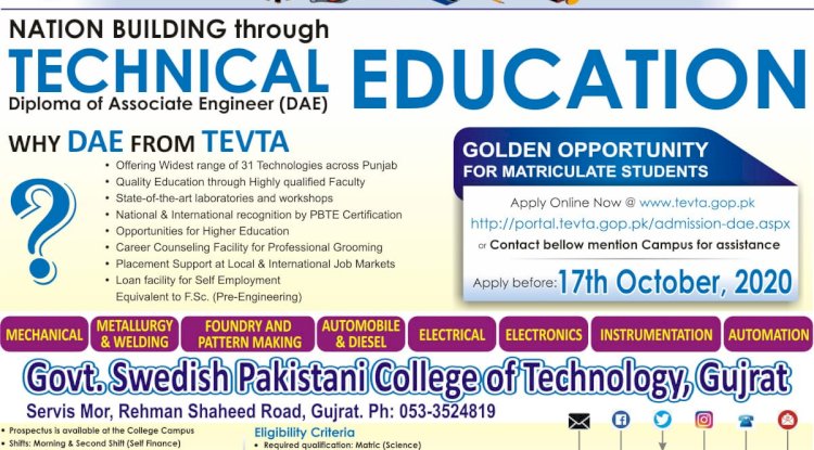 Online DAE Admission Started for 2020-2021 Govt Swedish College Gujrat