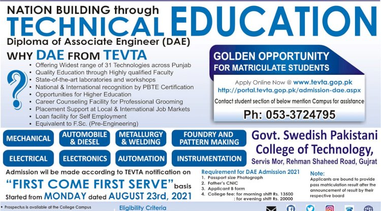  DAE Admission Started for 2021-2022 Govt Swedish College Gujrat